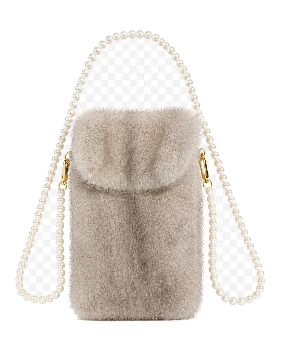 Silver Gray genuine mink fur phone crossbody bag on transparent background
