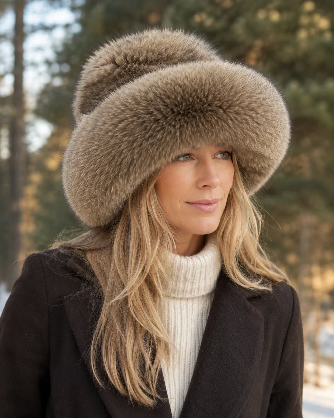 Light Sable Brown genuine sable fur bucket hat styled with a black winter coat outdoors