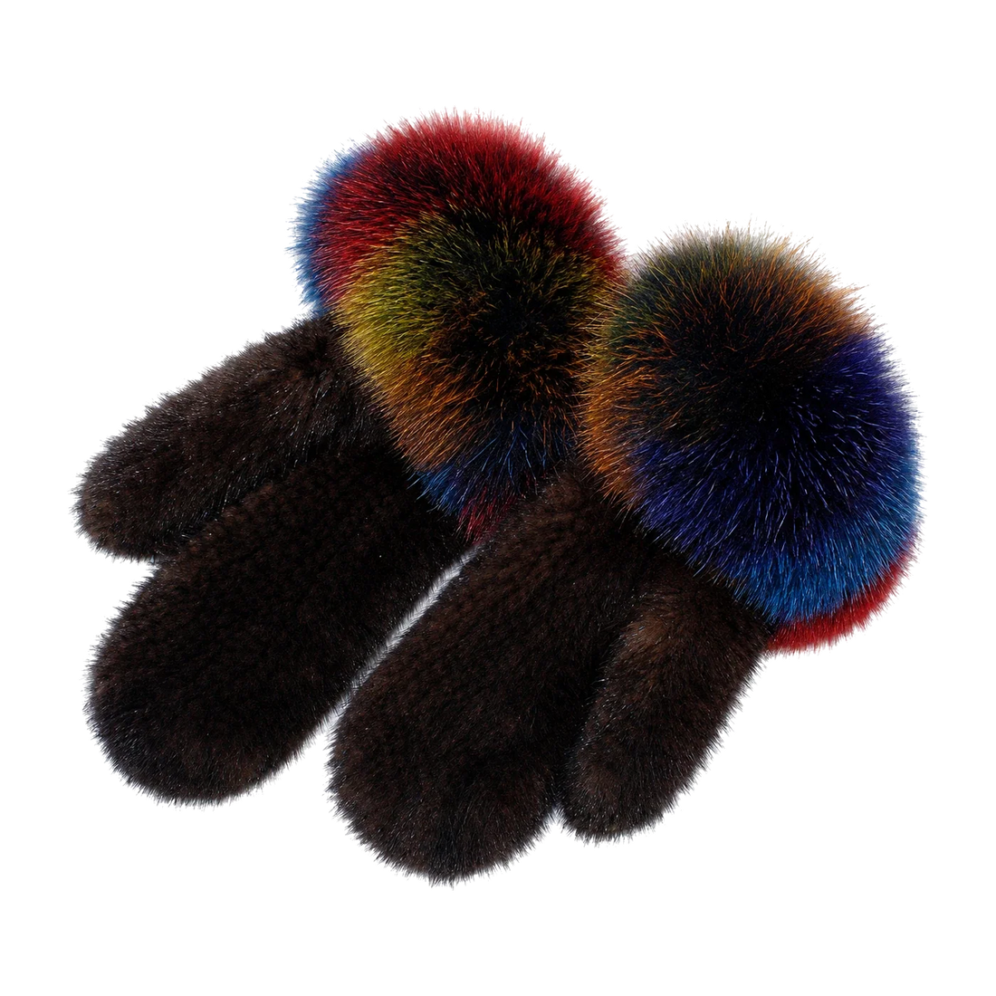 Brown Rainbow Cuff genuine mink fur mittens with multicolor fox fur cuffs on transparent background