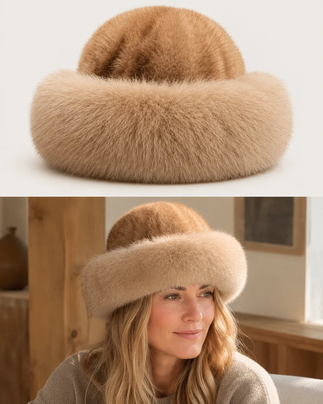Dark Brown genuine fur bucket hat worn near a warm window setting