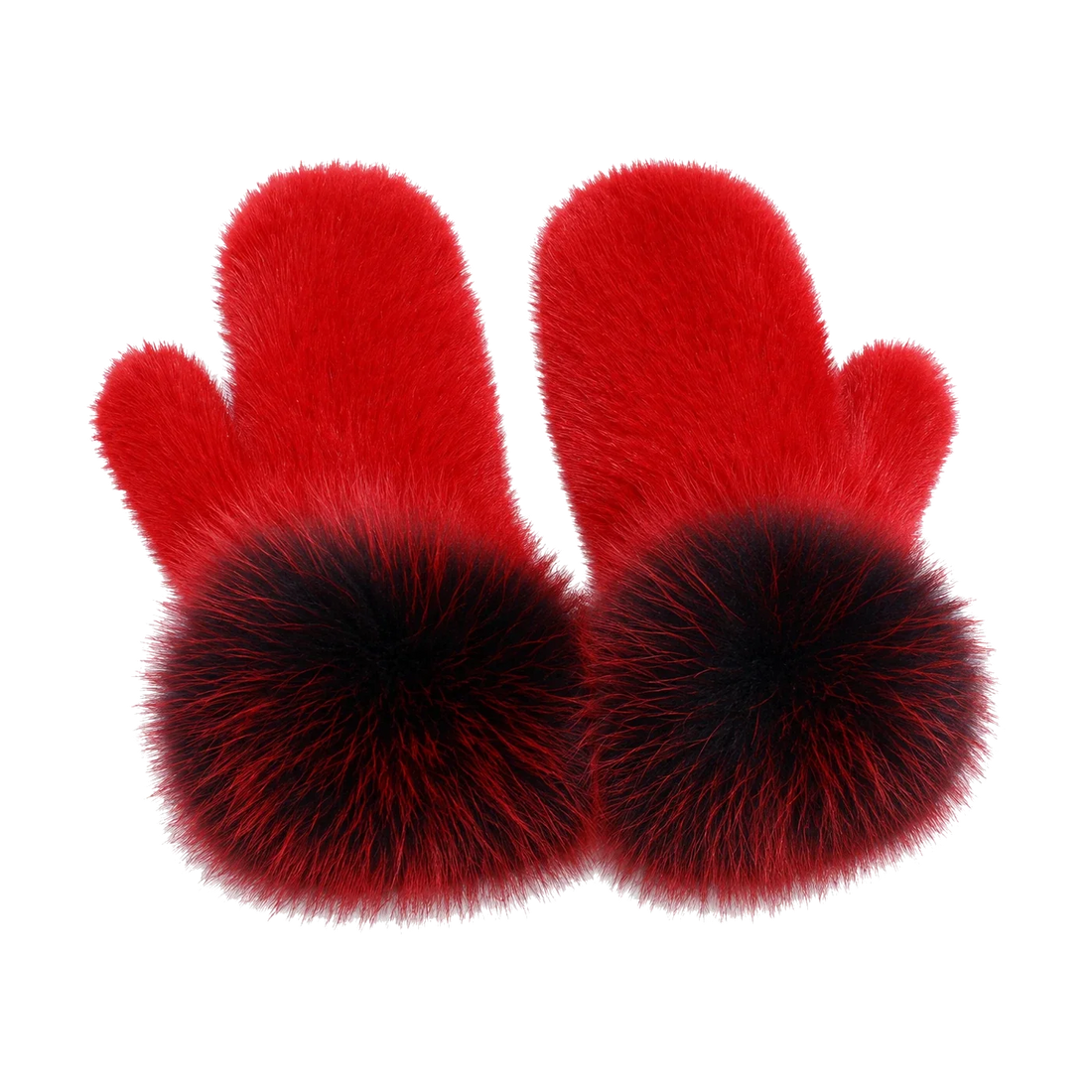 Scarlet Red genuine mink fur mittens with oversized fox fur cuffs on transparent background