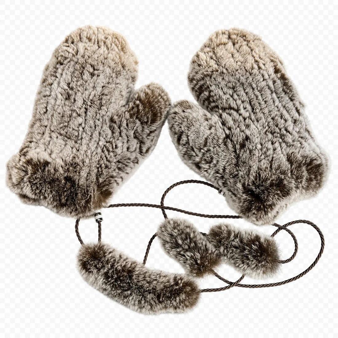 Frosted Taupe genuine Rex rabbit fur knit mittens, product view