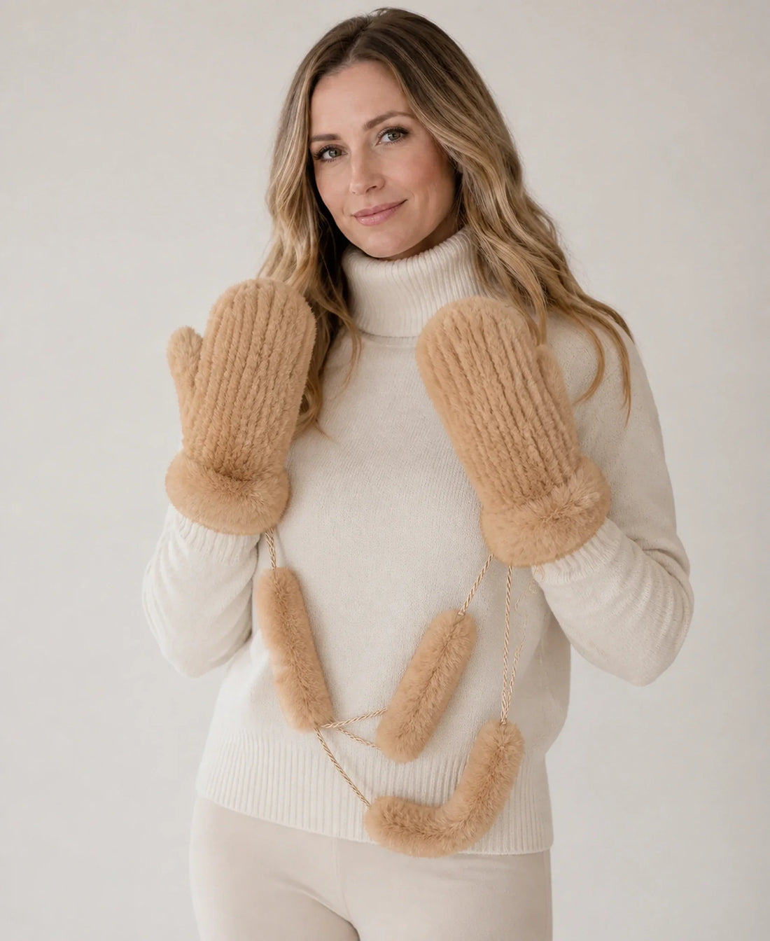 Genuine Rex Rabbit Fur Knit Mittens - Warm Lined Winter Gloves – Color: Camel on-model lifestyle image