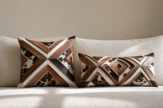 Raised 3D geometric cowhide square and lumbar pillows shown in side light on a neutral sofa