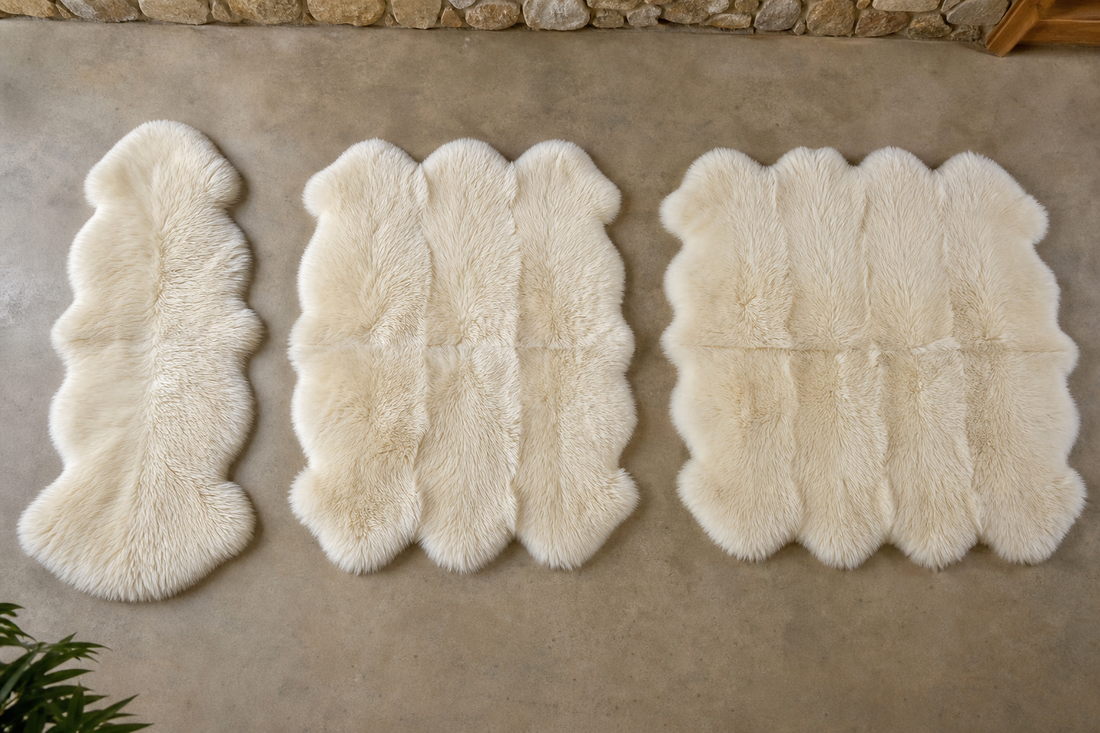 Three ivory multi-pelt sheepskin rugs arranged from narrow to broad footprints