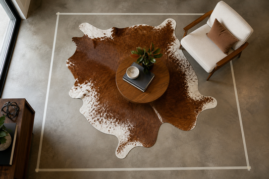 Brown and ivory whole-hide cowhide rug mapped within a living-room floor plan
