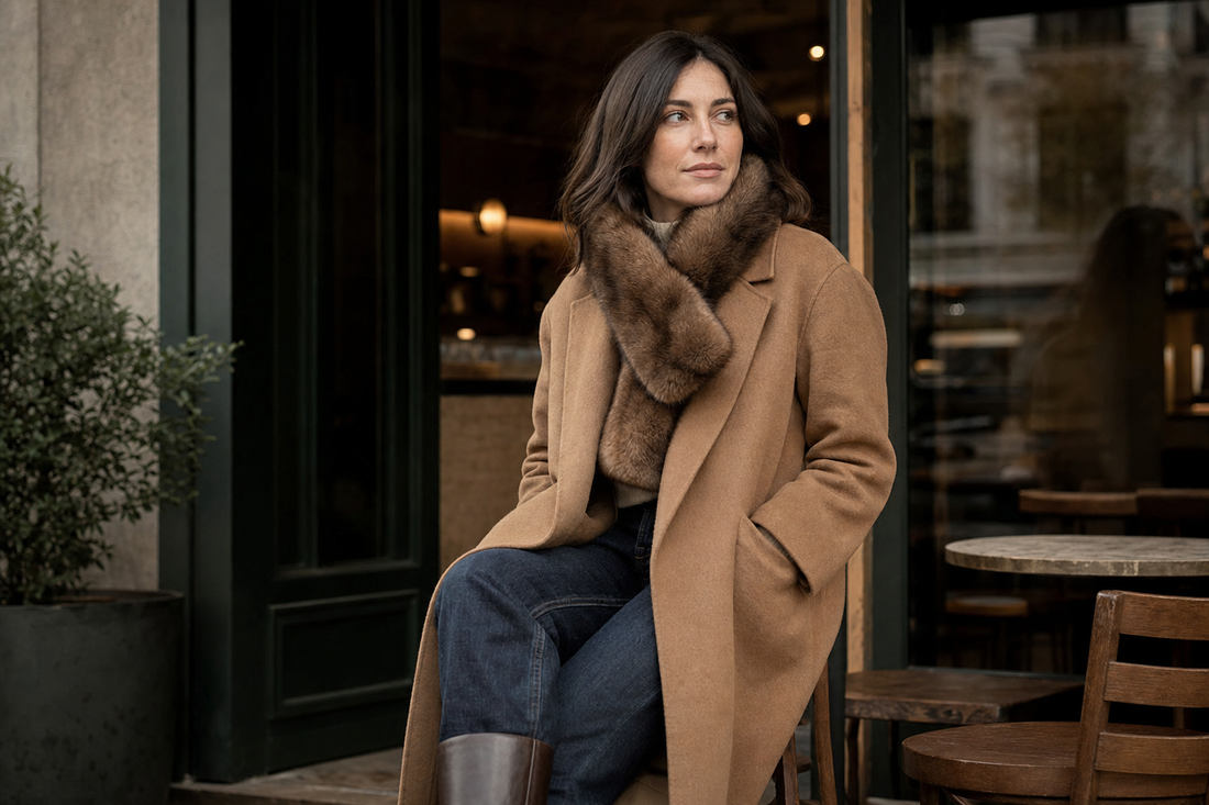 Everyday camel coat and denim styled with a compact brown fur scarf