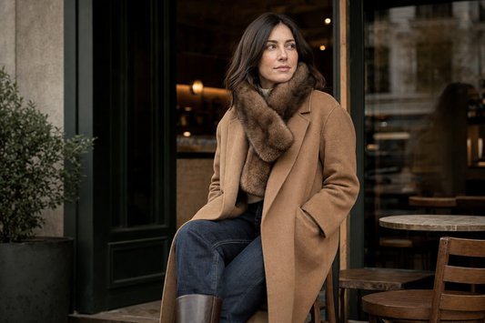 Everyday camel coat and denim styled with a compact brown fur scarf