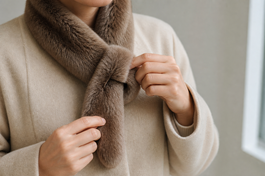 Hands guiding one end of a brown fur scarf through a concealed pull-through opening