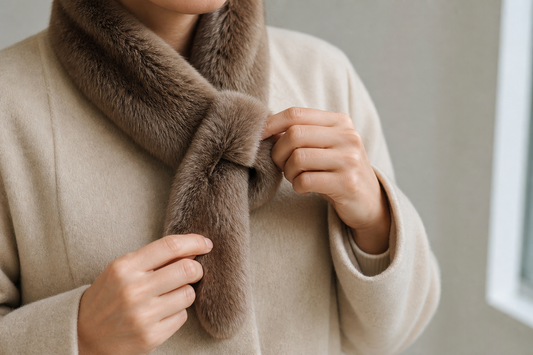 Hands guiding one end of a brown fur scarf through a concealed pull-through opening