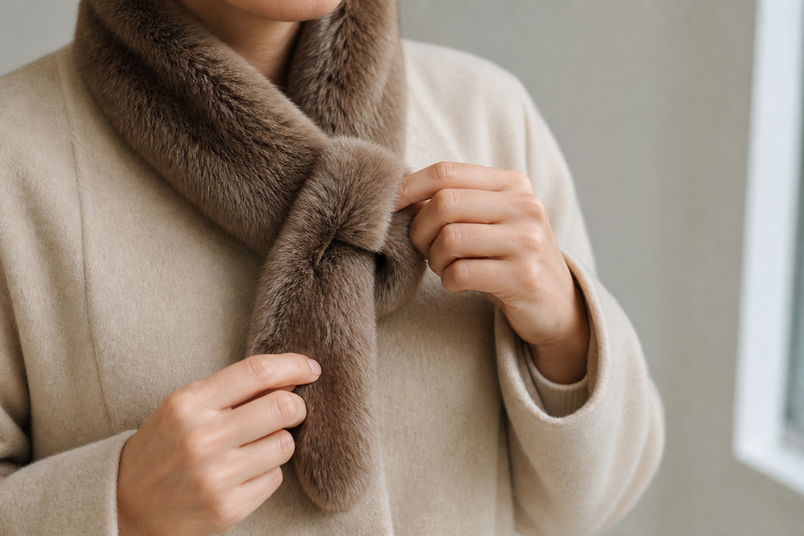 Hands guiding one end of a brown fur scarf through a concealed pull-through opening