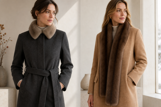 Two neutral winter coats styled with a short fur collar and a long fur scarf