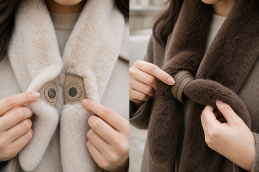 Close comparison of a hidden magnetic fur scarf closure and a pull-through loop