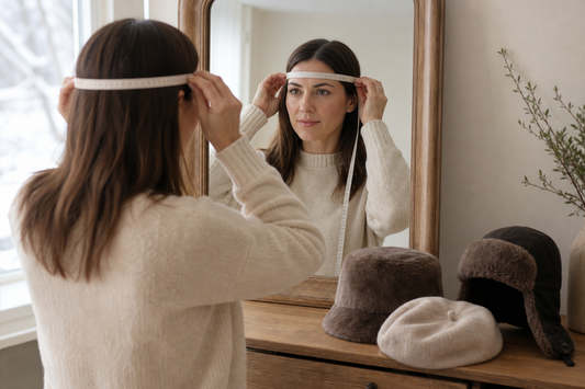 Person measuring head circumference above the eyebrows beside three winter hats