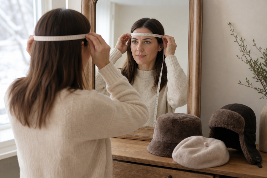 Person measuring head circumference above the eyebrows beside three winter hats