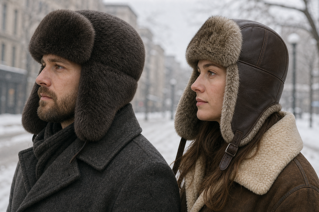 Side-by-side winter portraits showing an ushanka and a trapper hat with ear flaps