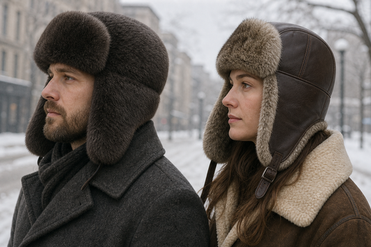 Side-by-side winter portraits showing an ushanka and a trapper hat with ear flaps