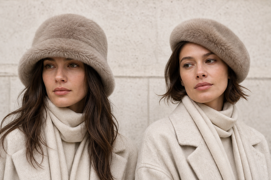 Side-by-side neutral winter looks with a fur bucket hat and a fur beret