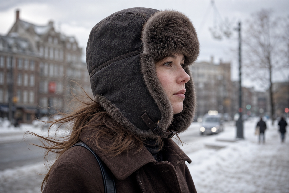 Side view of a fur hat with ear flaps lowered over the ears and back of neck
