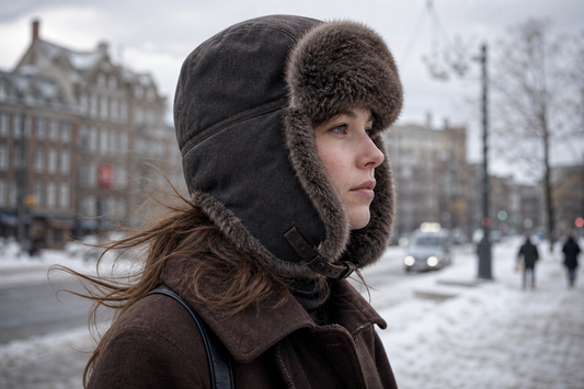 Side view of a fur hat with ear flaps lowered over the ears and back of neck