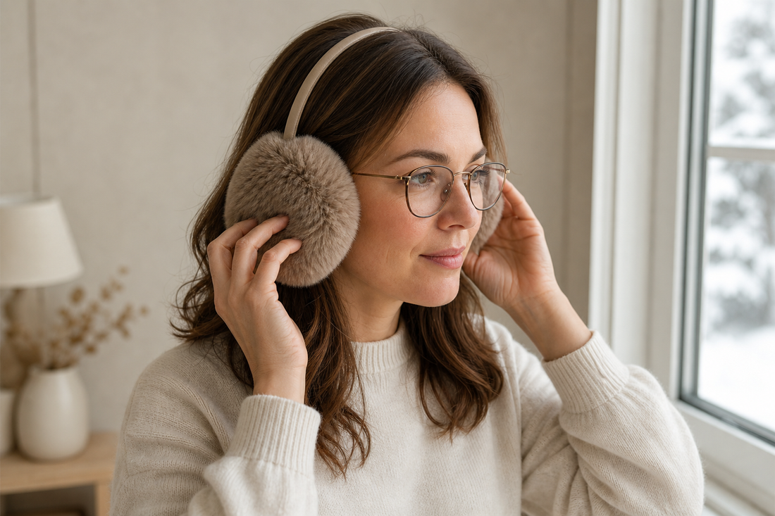 Person wearing glasses while adjusting a low-profile fur earmuff headband