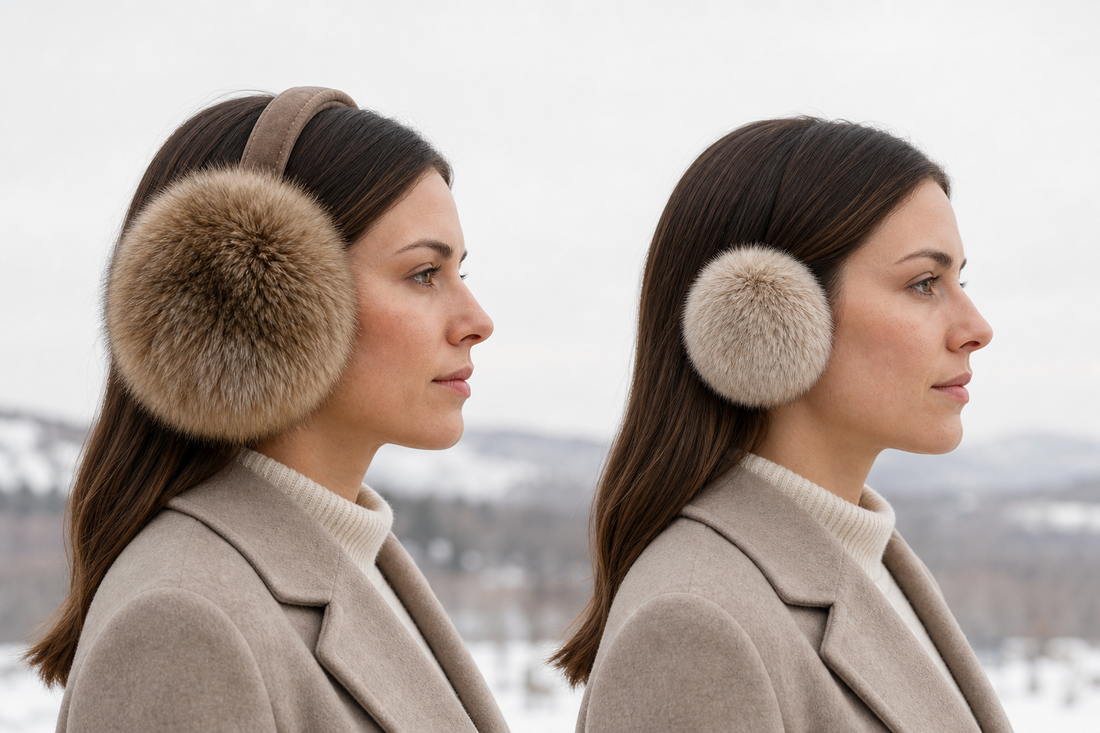 Two side-profile portraits comparing oversized and low-profile fur earmuffs