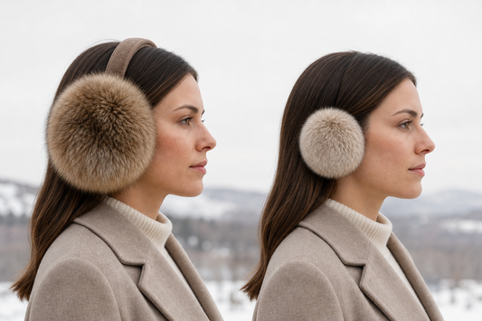 Two side-profile portraits comparing oversized and low-profile fur earmuffs