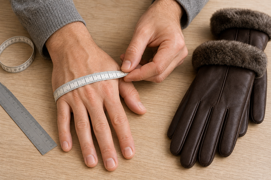 Measuring hand circumference across the knuckles beside leather gloves and mittens