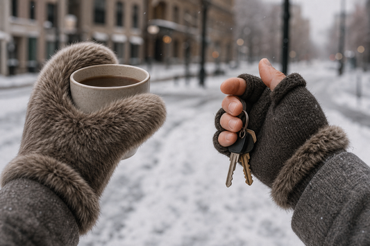 Winter hands comparing a mitten holding a warm cup and a fingerless glove holding keys