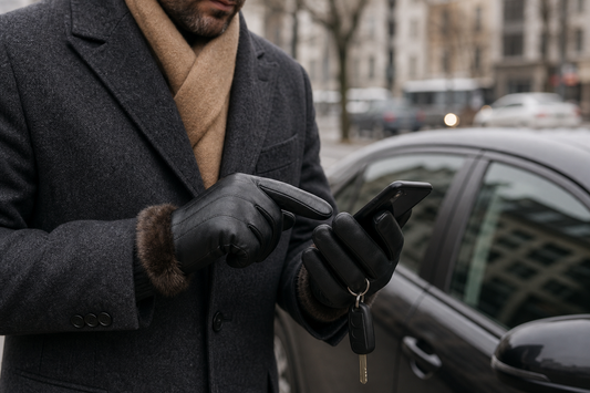 Commuter wearing fitted black leather gloves while using a phone beside car keys