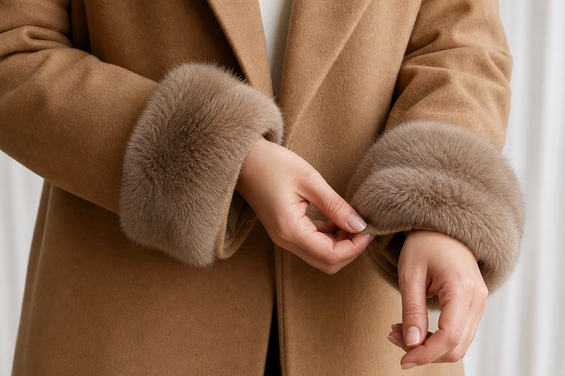 Hands positioning a matched pair of removable fur cuffs on camel coat sleeves