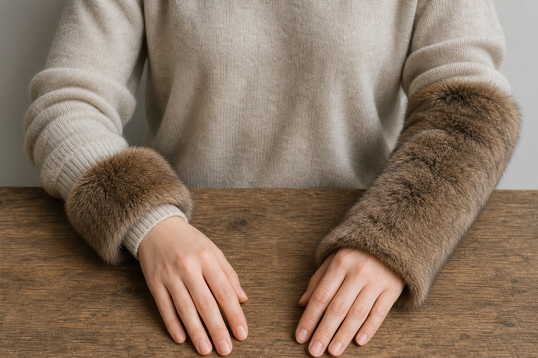 Neutral knit sleeves comparing short fur wrist cuffs with long forearm warmers
