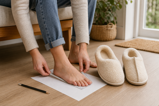 Measuring foot length beside sheepskin slippers at a quiet home entryway