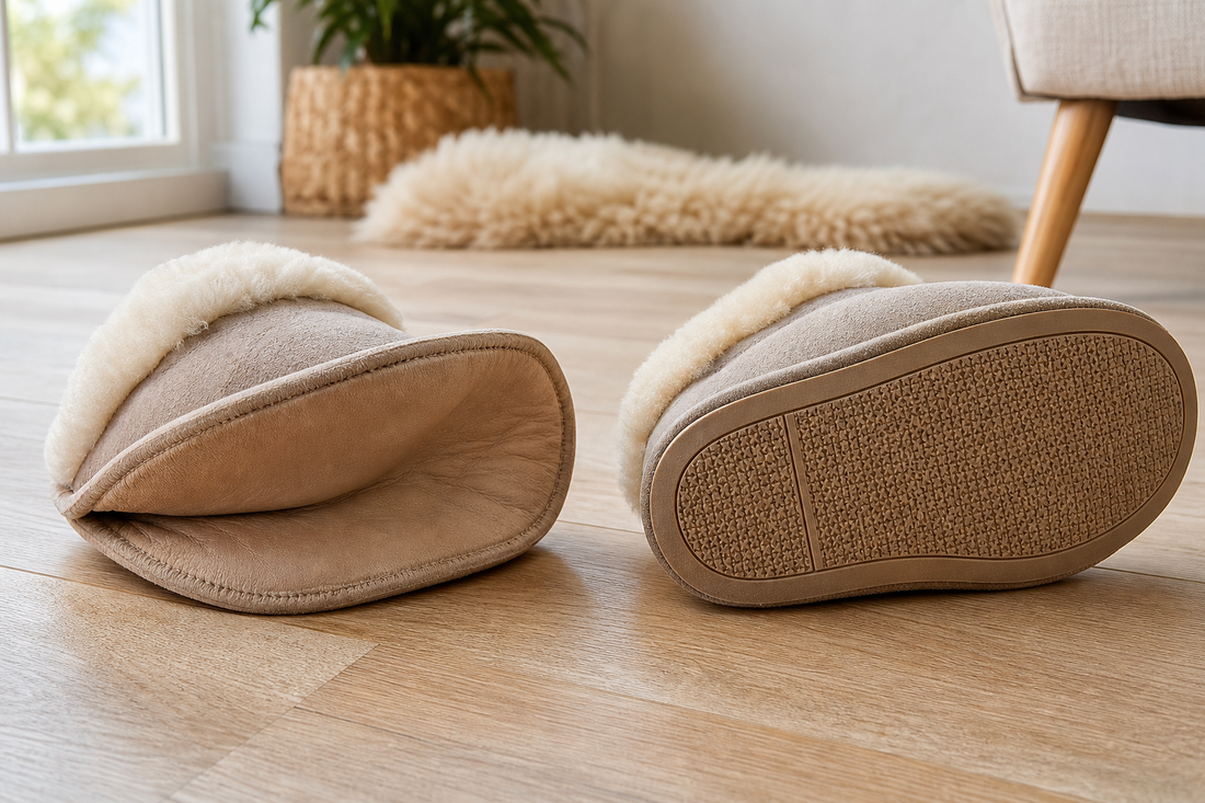 Soft leather slipper sole and structured TPR sole displayed side by side on wood flooring