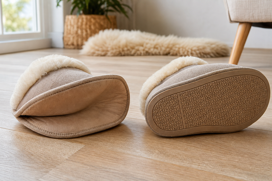 Soft leather slipper sole and structured TPR sole displayed side by side on wood flooring