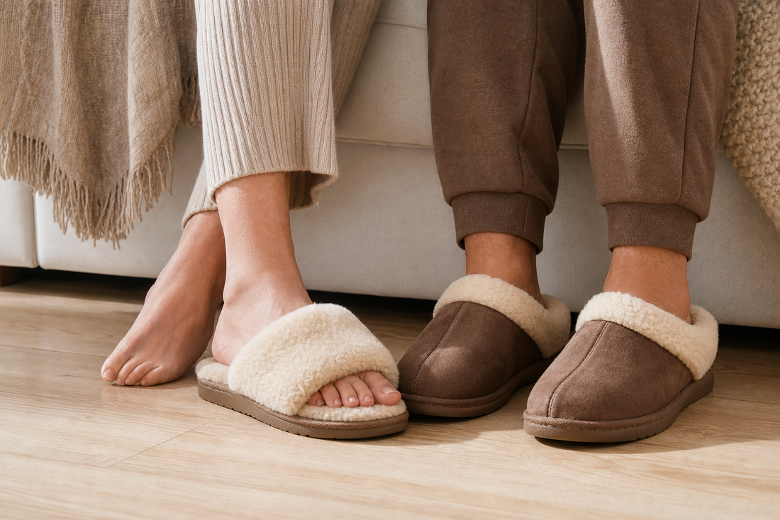 Open slide and closed-toe slippers worn side by side near a sofa