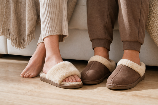 Open slide and closed-toe slippers worn side by side near a sofa