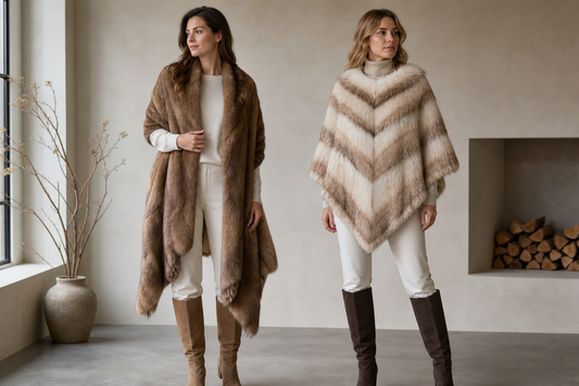 Two models comparing a draped fur shawl with a triangular fur poncho
