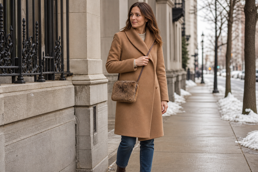 Small fur crossbody bag worn outside a camel winter coat at hip height