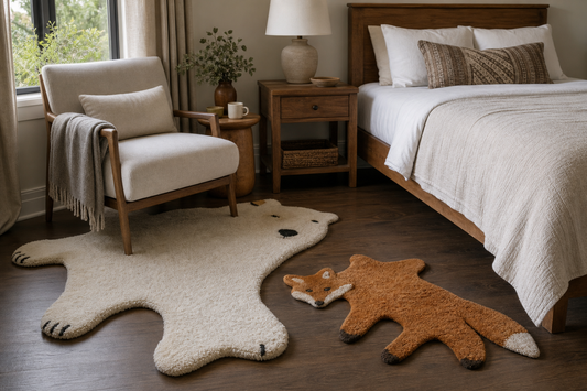 Bear and fox shaped natural wool rugs placed in measured reading and bedside zones