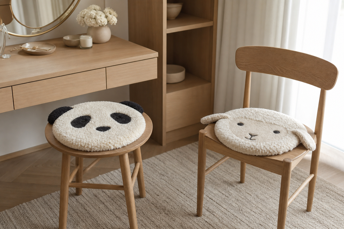 Forty-centimeter panda and lamb sheepskin chair pads shown on a vanity stool and compact desk chair