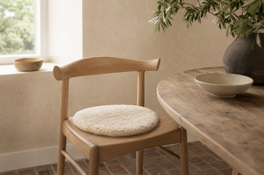 Editorial dining chair with an ivory natural-wool chair pad