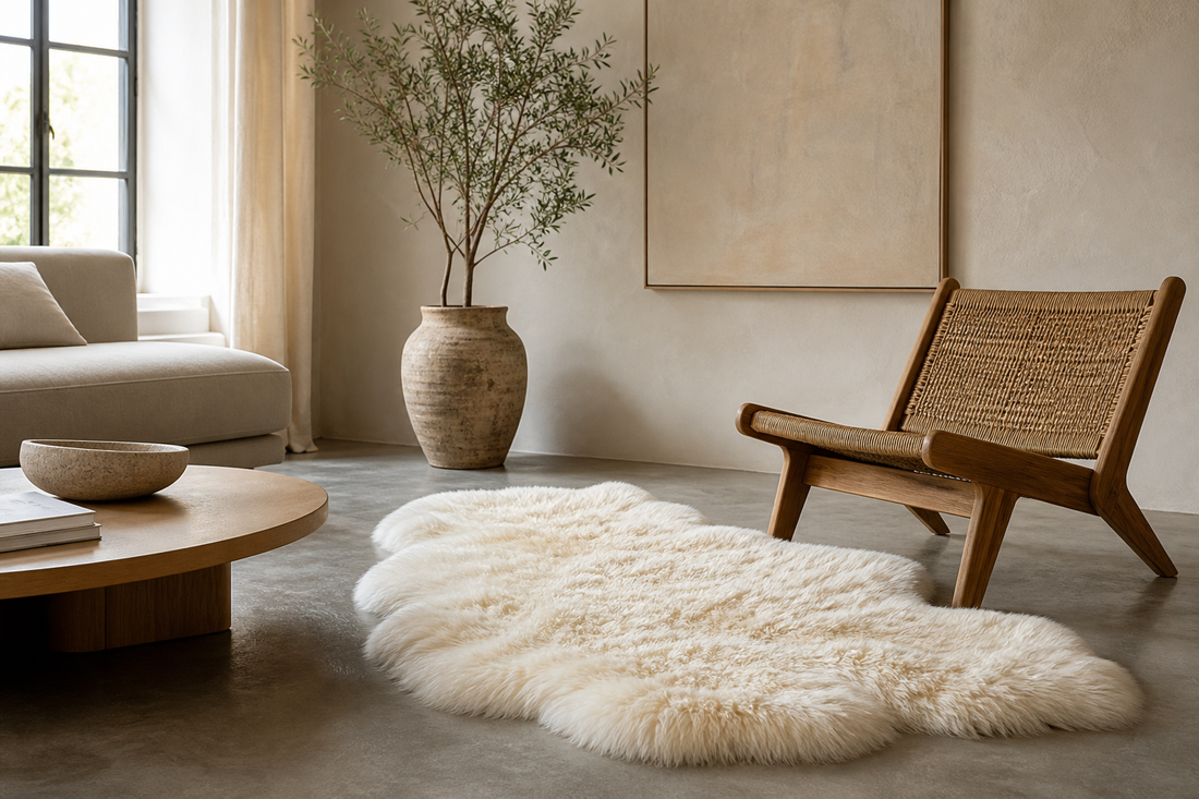 Editorial living room with an ivory natural-wool rug