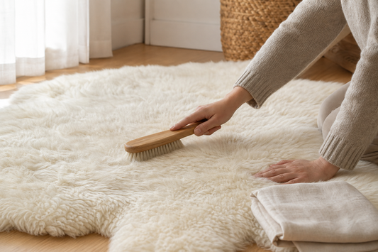 Hands gently brushing an ivory natural-wool rug