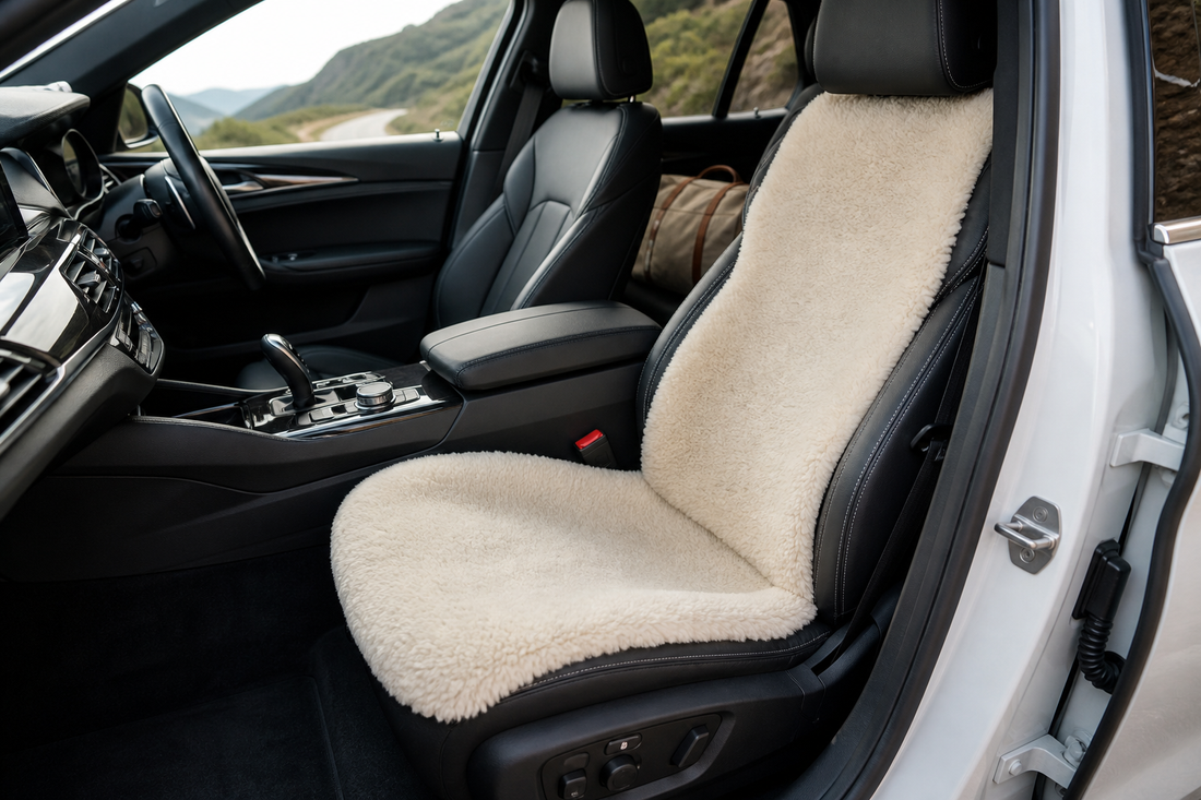 Editorial car interior with a cream natural-wool seat cushion