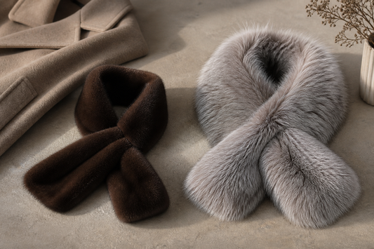 Editorial comparison of slim dark-brown and broad silver-gray fur scarves