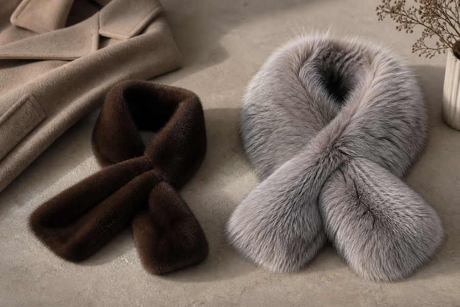 Editorial comparison of slim dark-brown and broad silver-gray fur scarves