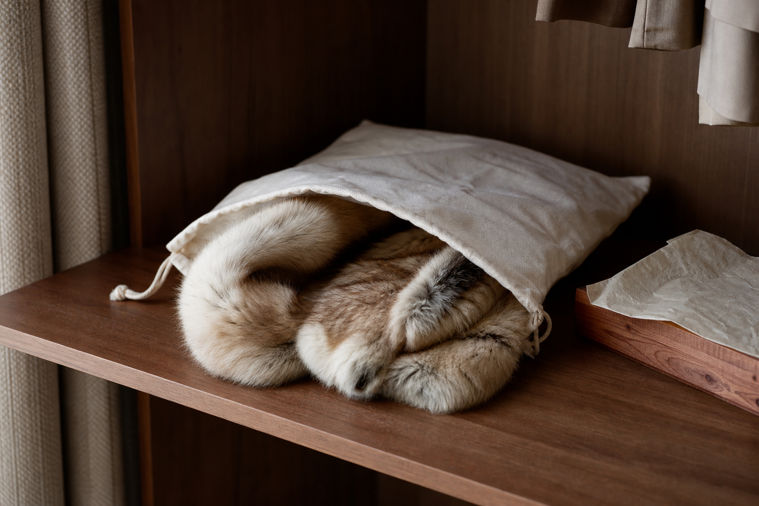 Fur accessory stored loosely in a breathable cotton bag