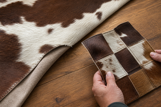 Hands inspecting natural hair-on cowhide and patchwork stitching