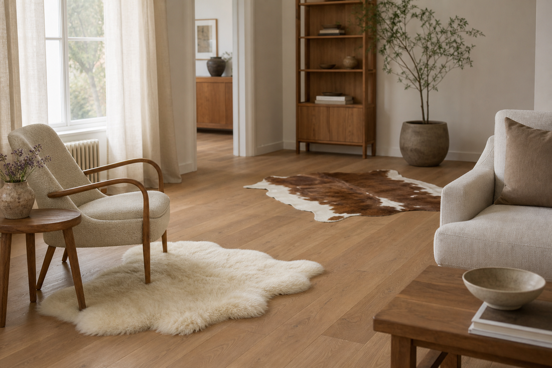 Quiet living room with natural-wool and cowhide rugs